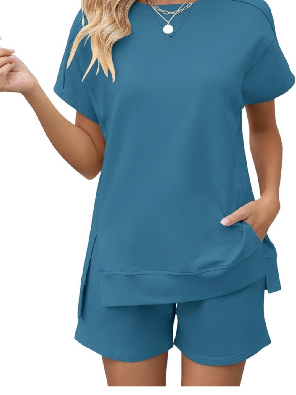 Comfy Light Dusty Blue Short-Sleeve Tunic Top with Side Slits and Short Set NWT